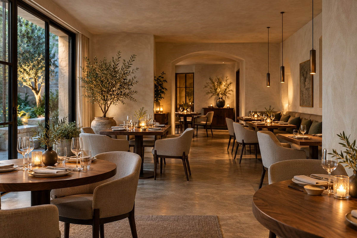 Concept di ristorante con materiali caldi e superfici continue di pareti e soffitti